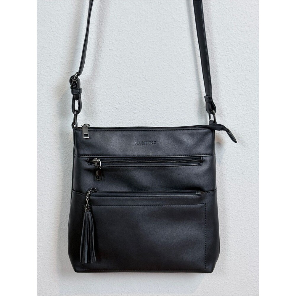 Masintor Black Faux Leather Crossbody Bag with Tassel